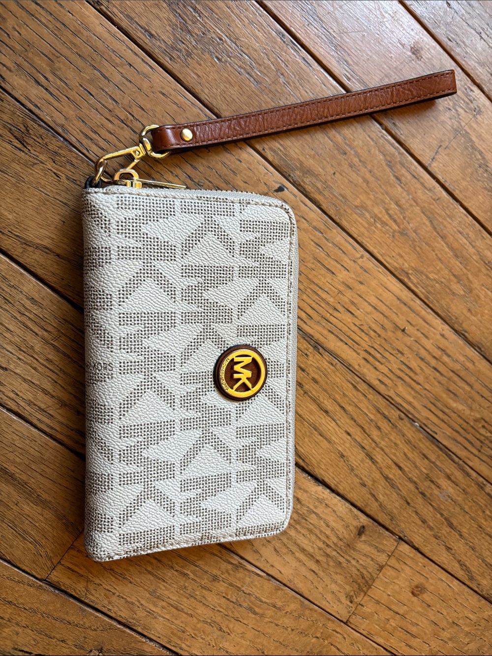 Michael Kors Beige and Brown Logo Wristlet Wallet